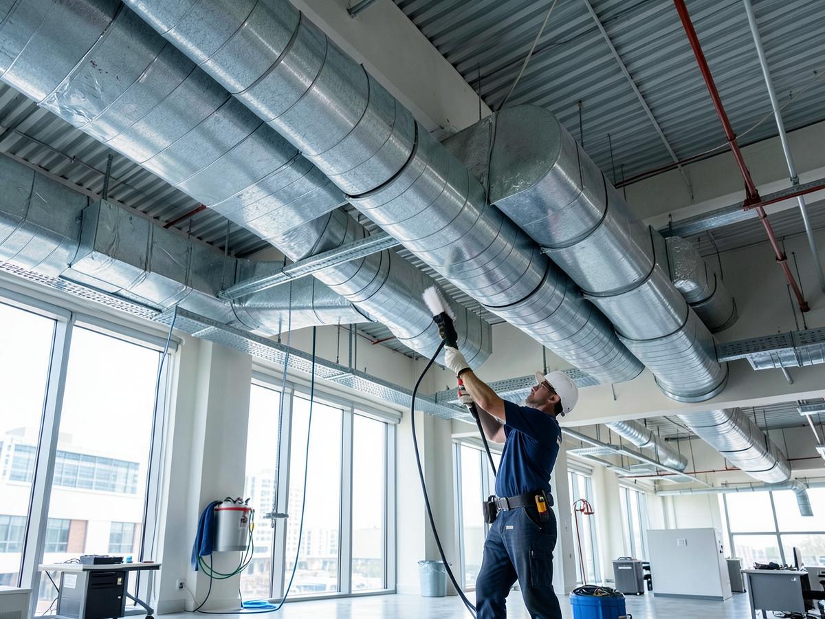 Technician cleaning large commercial HVAC ductwork in a Baltimore County office building
