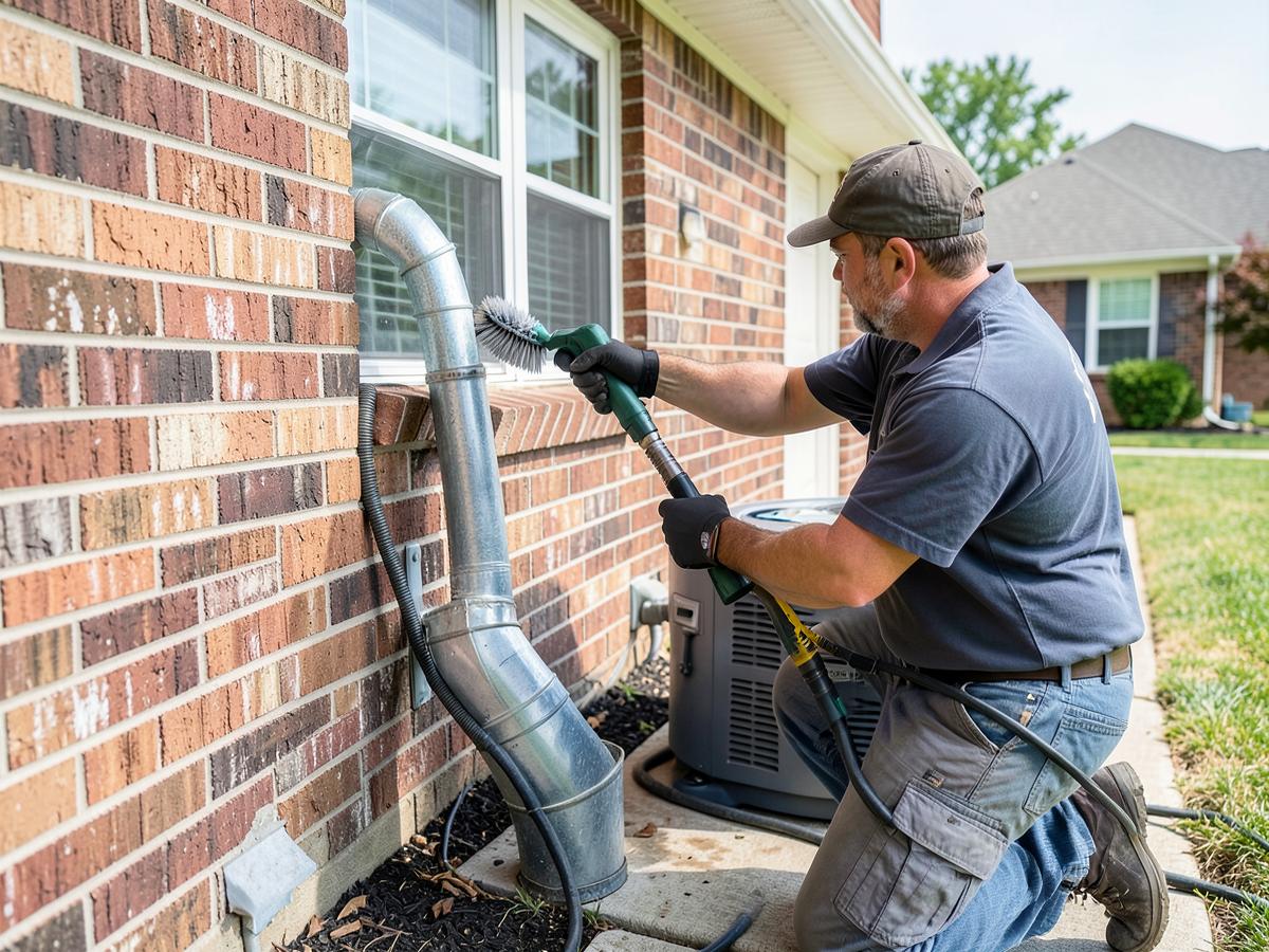 Technician brushing lint from a dryer vent duct on the exterior wall of a Pikesville area home