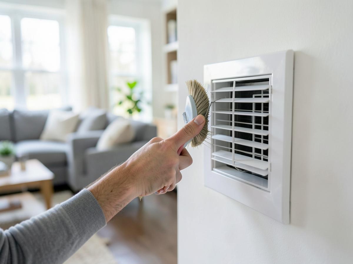 Close-up of a technician cleaning a home vent register in Pikesville, Maryland